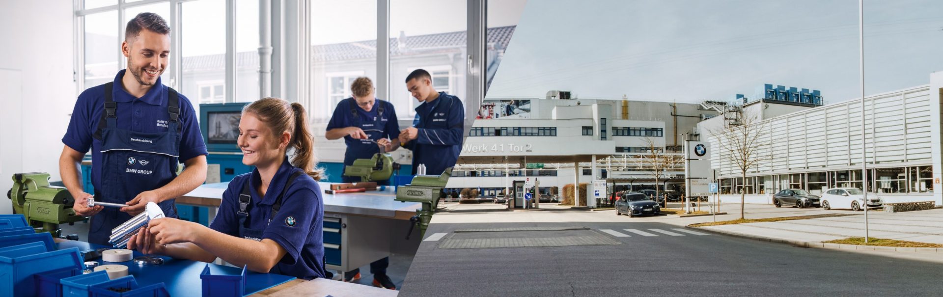 Collage: Azubis arbeiten in der Werkstatt und Luftaufnahme des Werks Landshut.