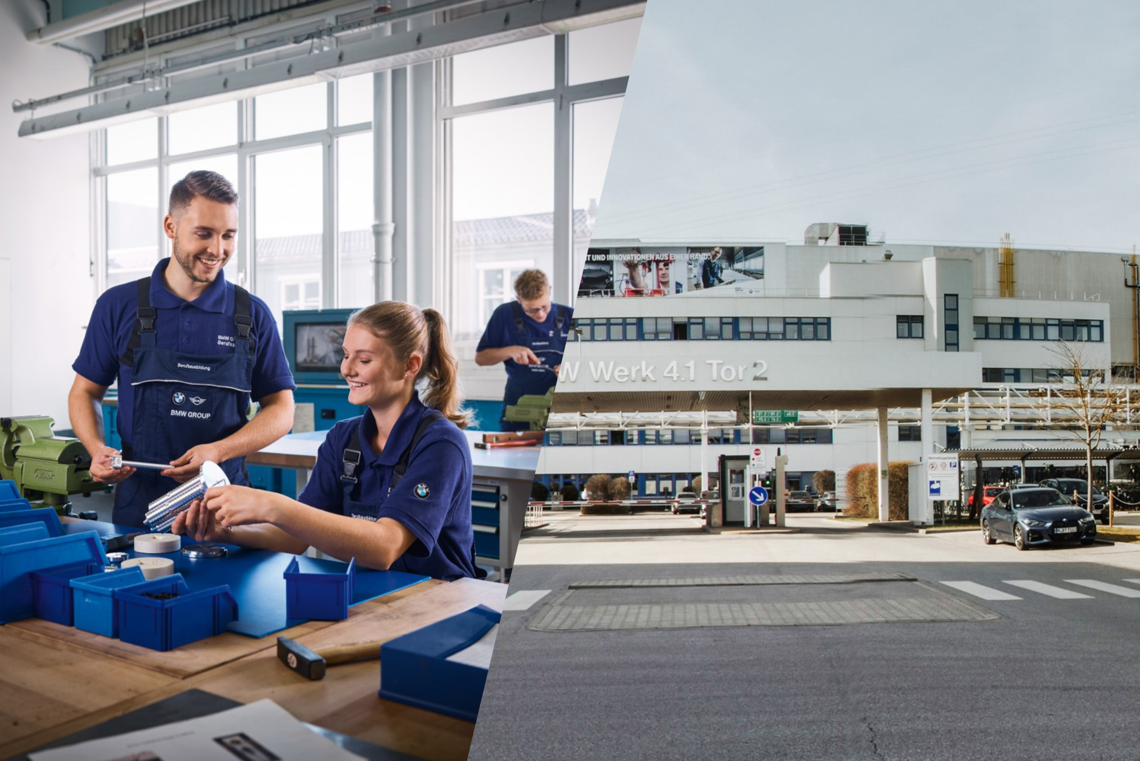 Collage: Azubis arbeiten in der Werkstatt und Außenansicht des Werks Landshut
