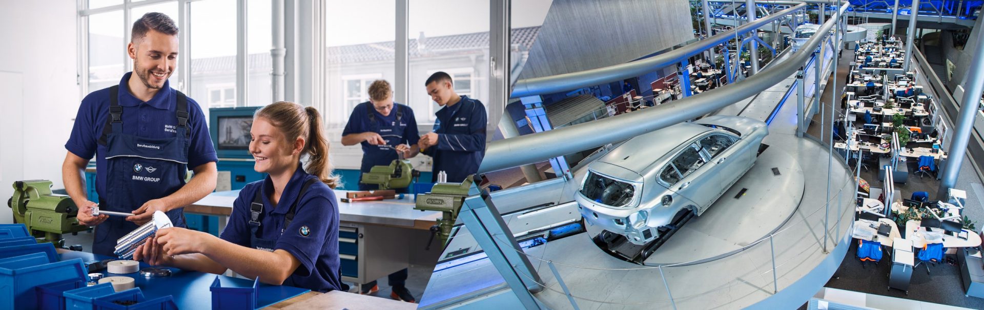 Collage: Azubis arbeiten in der Werkstatt und Innenansicht des Werks Leipzig