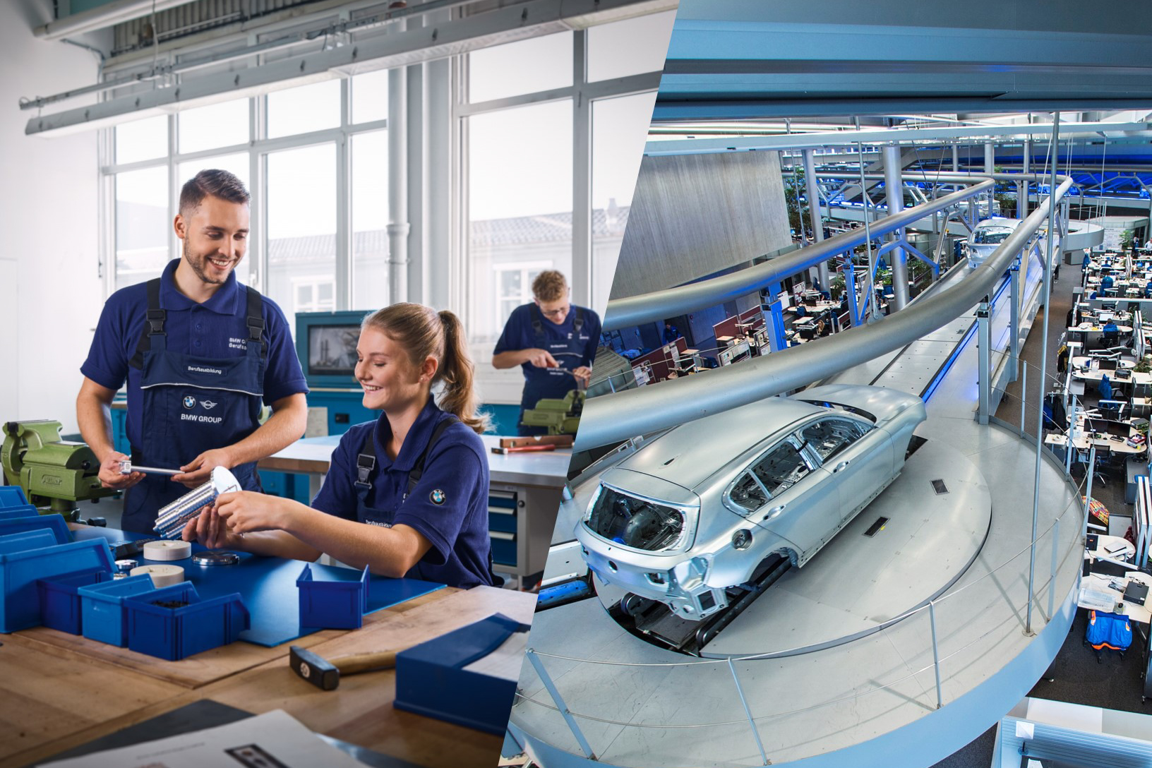 Collage: Azubis arbeiten in der Werkstatt und Innenansicht des Werks Leipzig