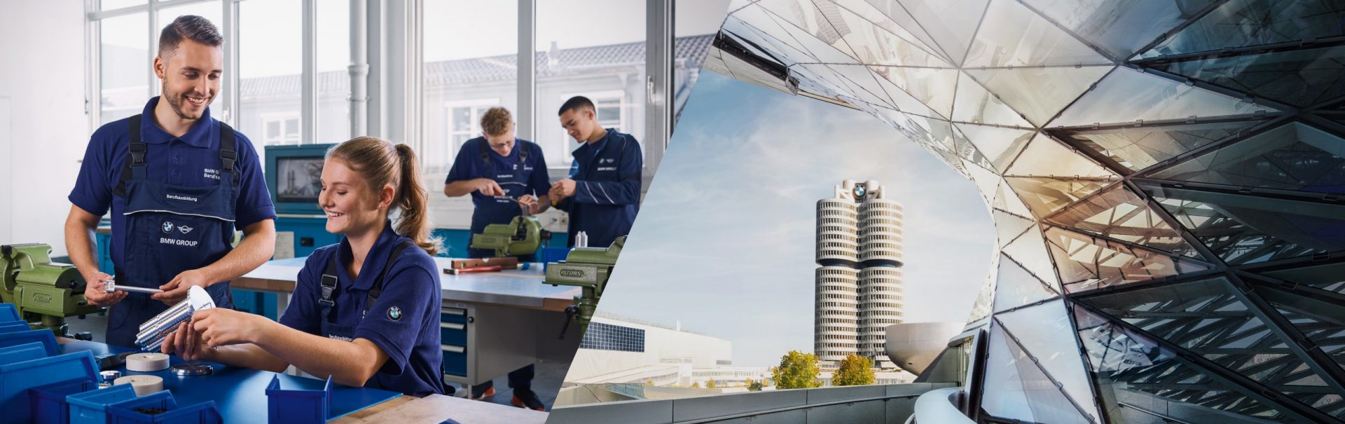 Collage: Azubis arbeiten in der Werkstatt und Luftaufnahme des Werks München.