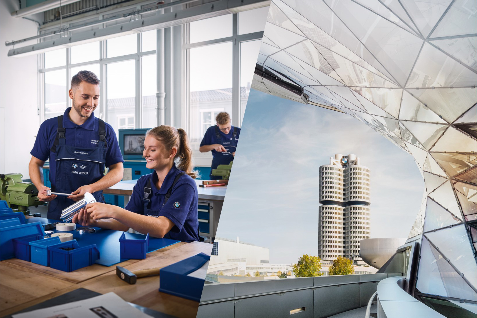 Collage: Azubis arbeiten in der Werkstatt und Luftaufnahme des Werks München