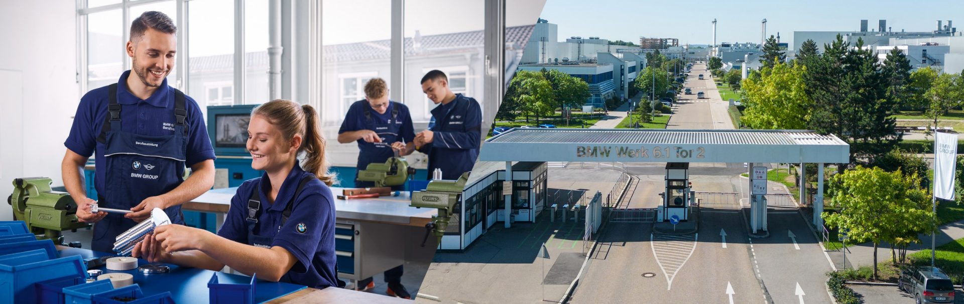 Collage: Azubis arbeiten in der Werkstatt und Luftaufnahme des Werks Regensburg