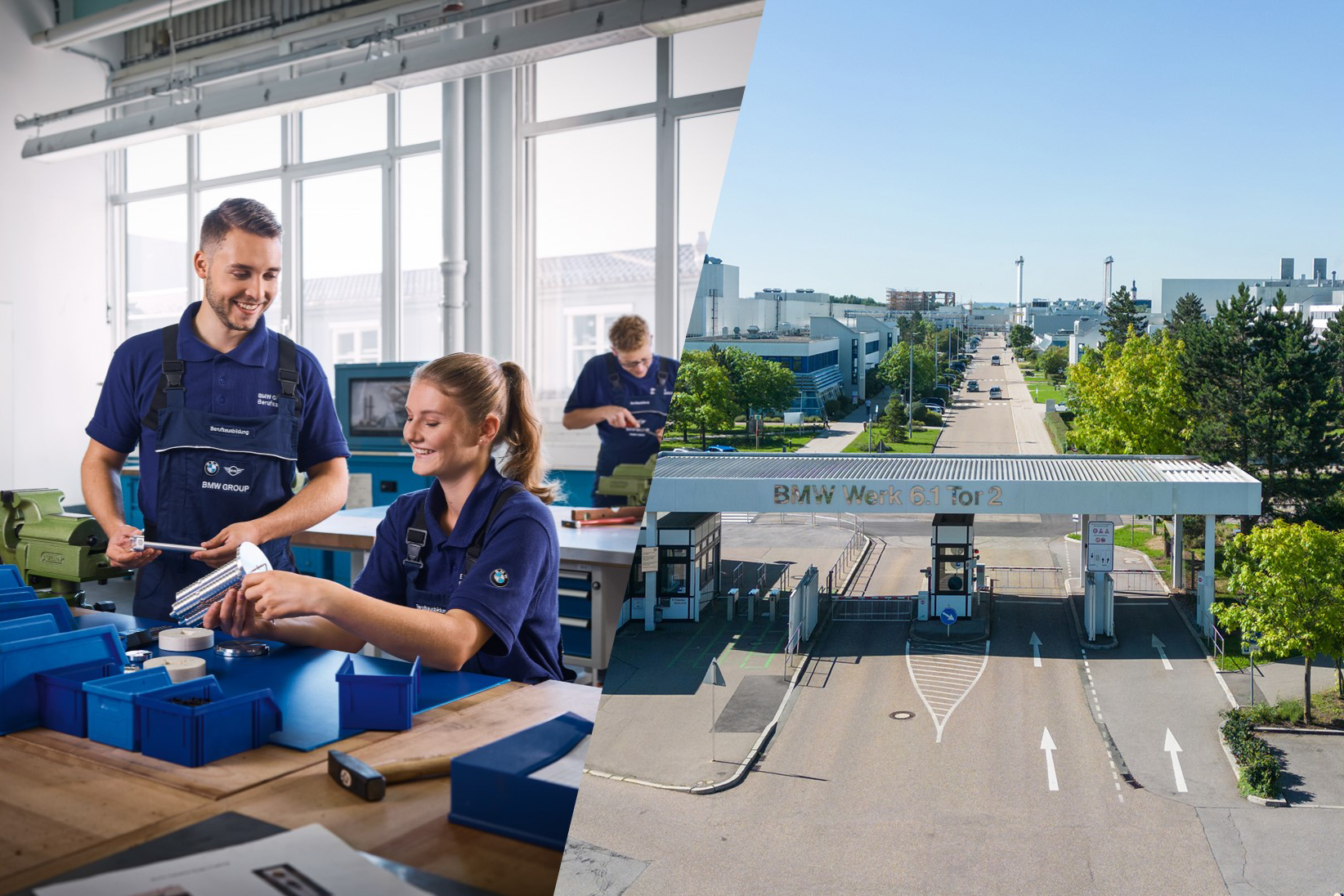Collage: Azubis arbeiten in der Werkstatt und Luftaufnahme des Werks Regensburg