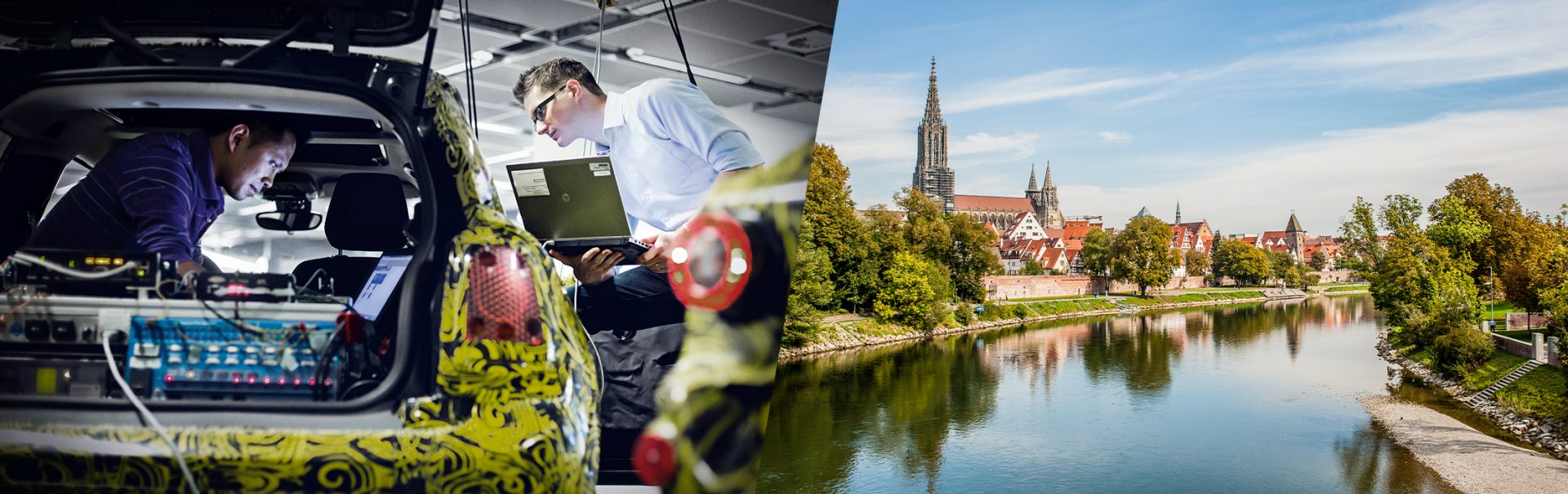 Zwei Kollegen bei der Arbeit in einem Erlkönig und Luftaufnahme von Ulm