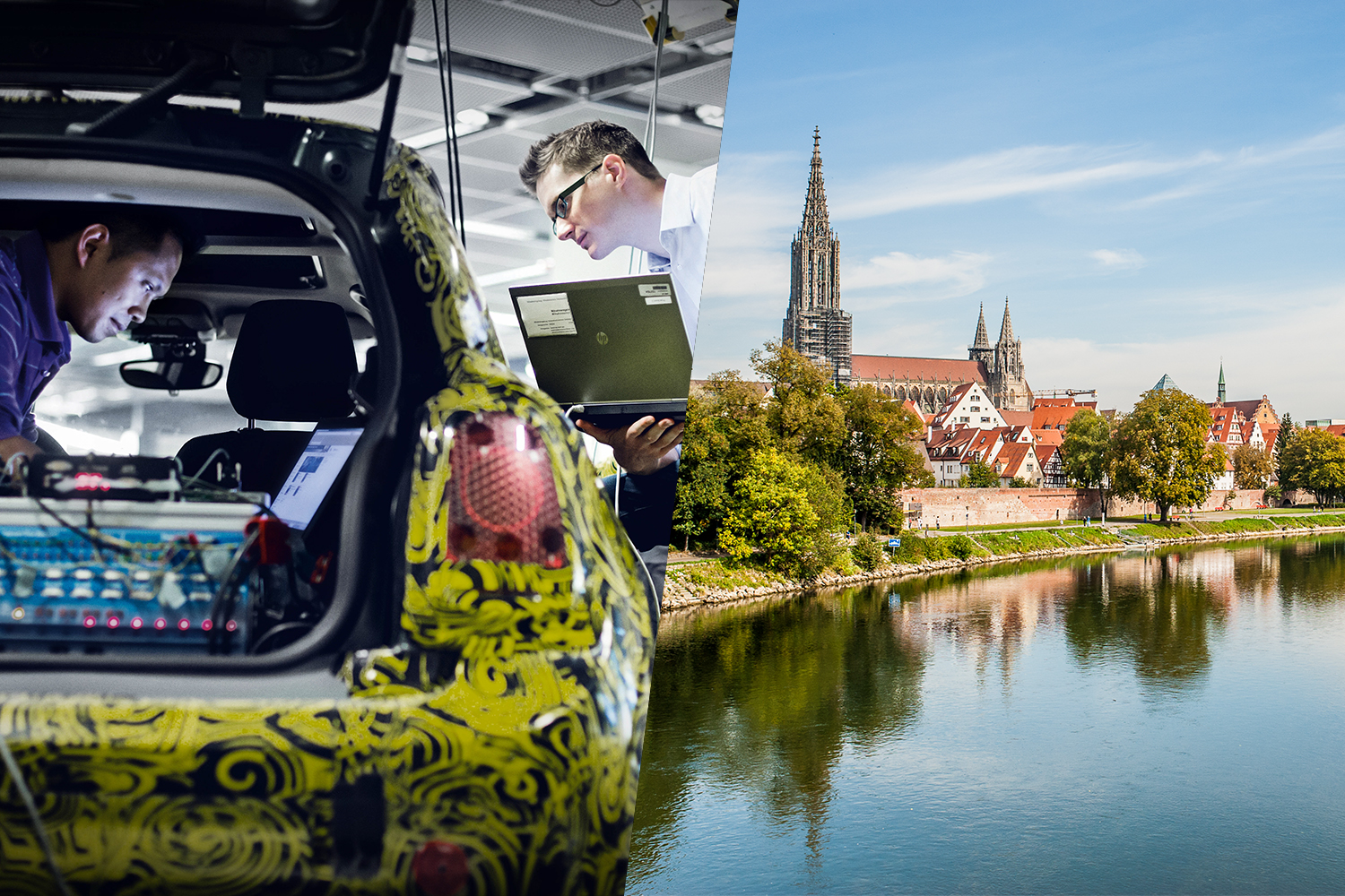 Zwei Kollegen bei der Arbeit in einem Erlkönig und Luftaufnahme von Ulm
