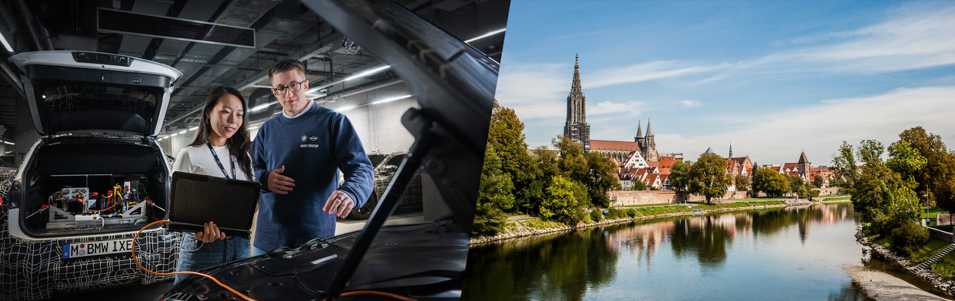 Zwei Kollegen bei der Arbeit in einem Erlkönig und Luftaufnahme von Ulm.
