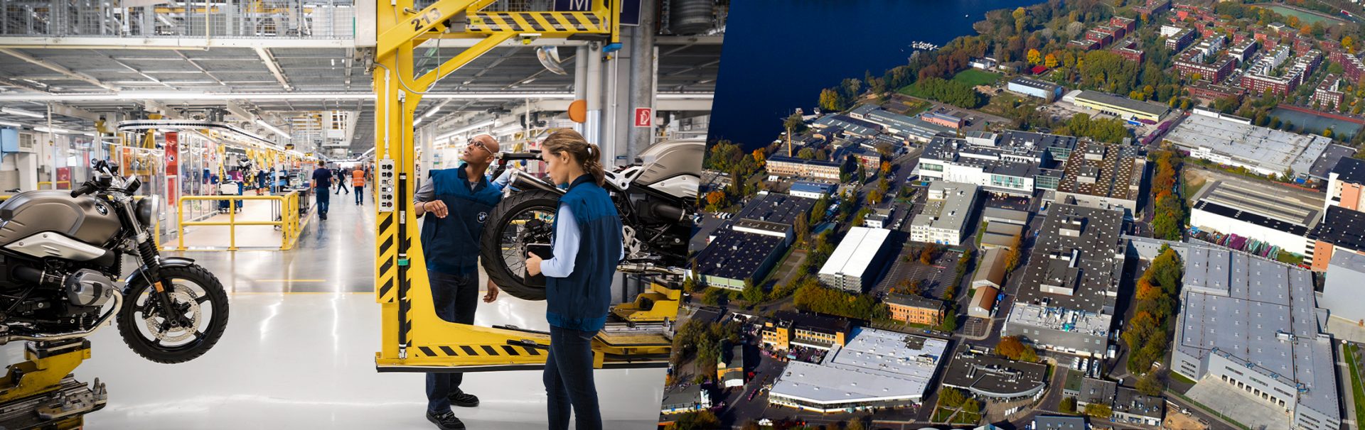 Zwei Kollegen in der Motorradproduktion und Luftaufnahme BMW Werk Berlin