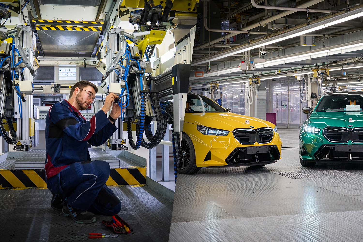 Mitarbeiter in der Instandhaltung und zwei BMW M5