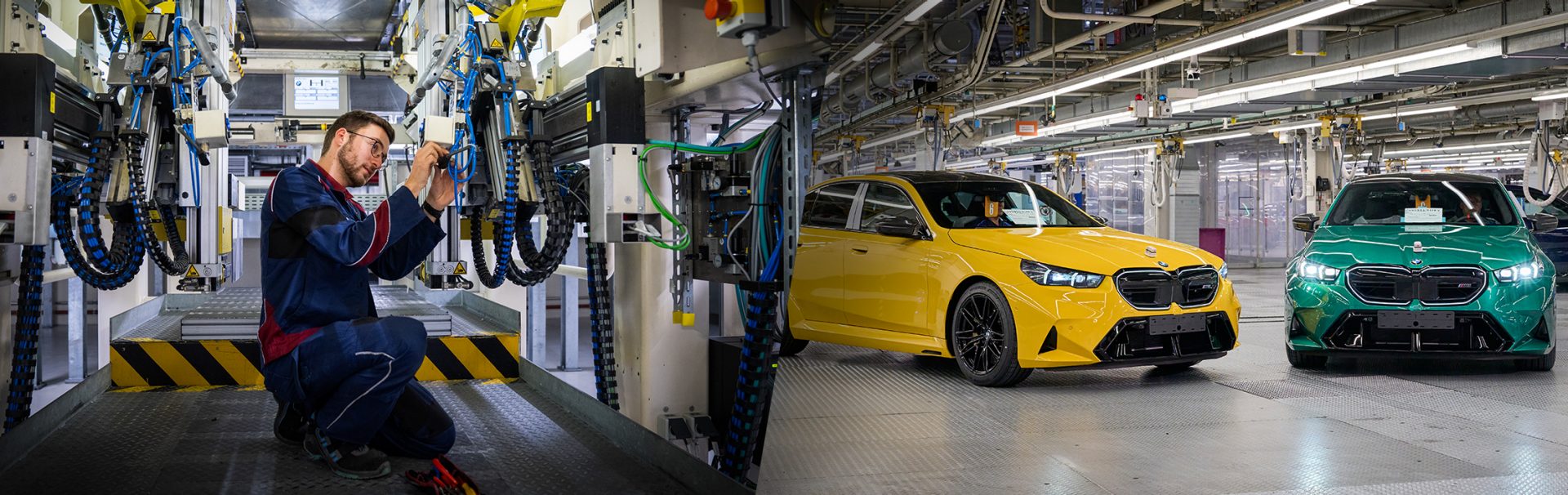 Mitarbeiter in der Instandhaltung und zwei BMW M5