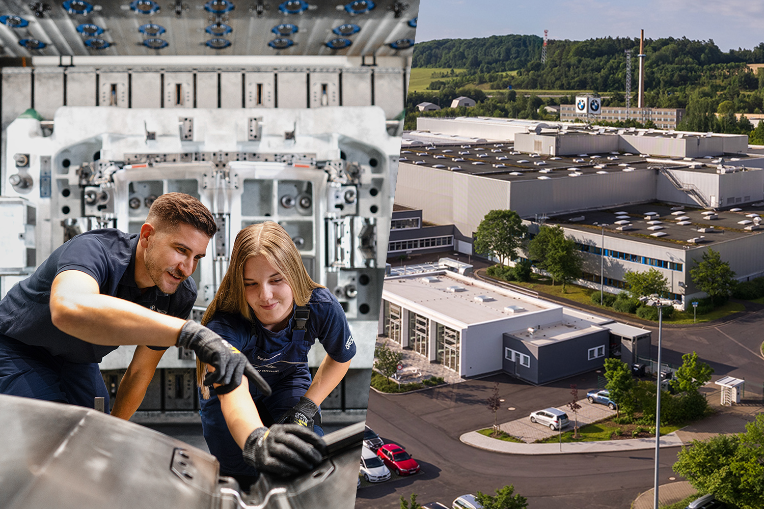 Collage: Mitarbeiter im Werkzeugbau und Luftaufnahme des BMW Group Werks Eisenach.