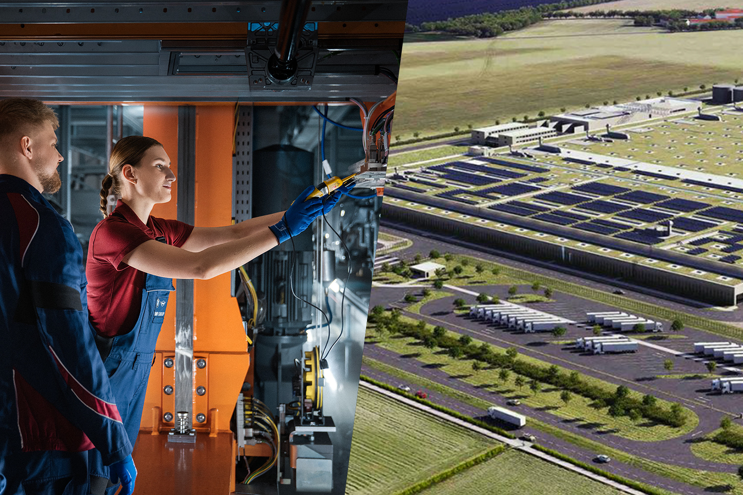 Mitarbeiter in der Instandhaltung und visualisierte Luftaufnahme des BMW Group Werks Irlbach-Strasskirchen.