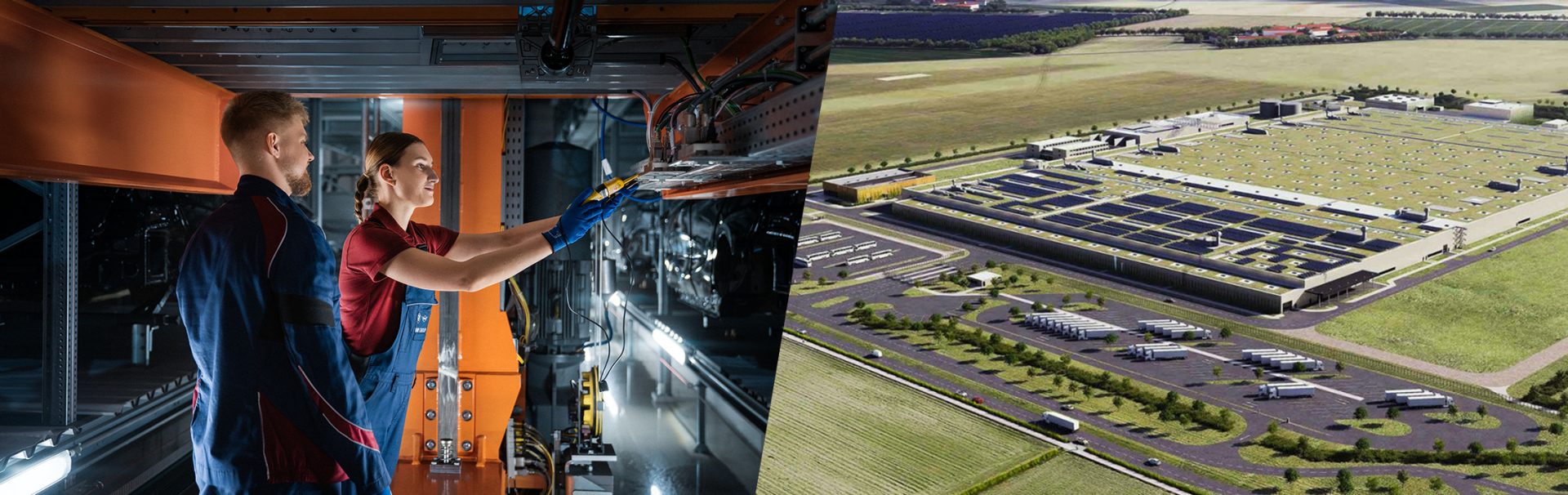 Mitarbeiter in der Instandhaltung und visualisierte Luftaufnahme des BMW Group Werks Irlbach-Strasskirchen.