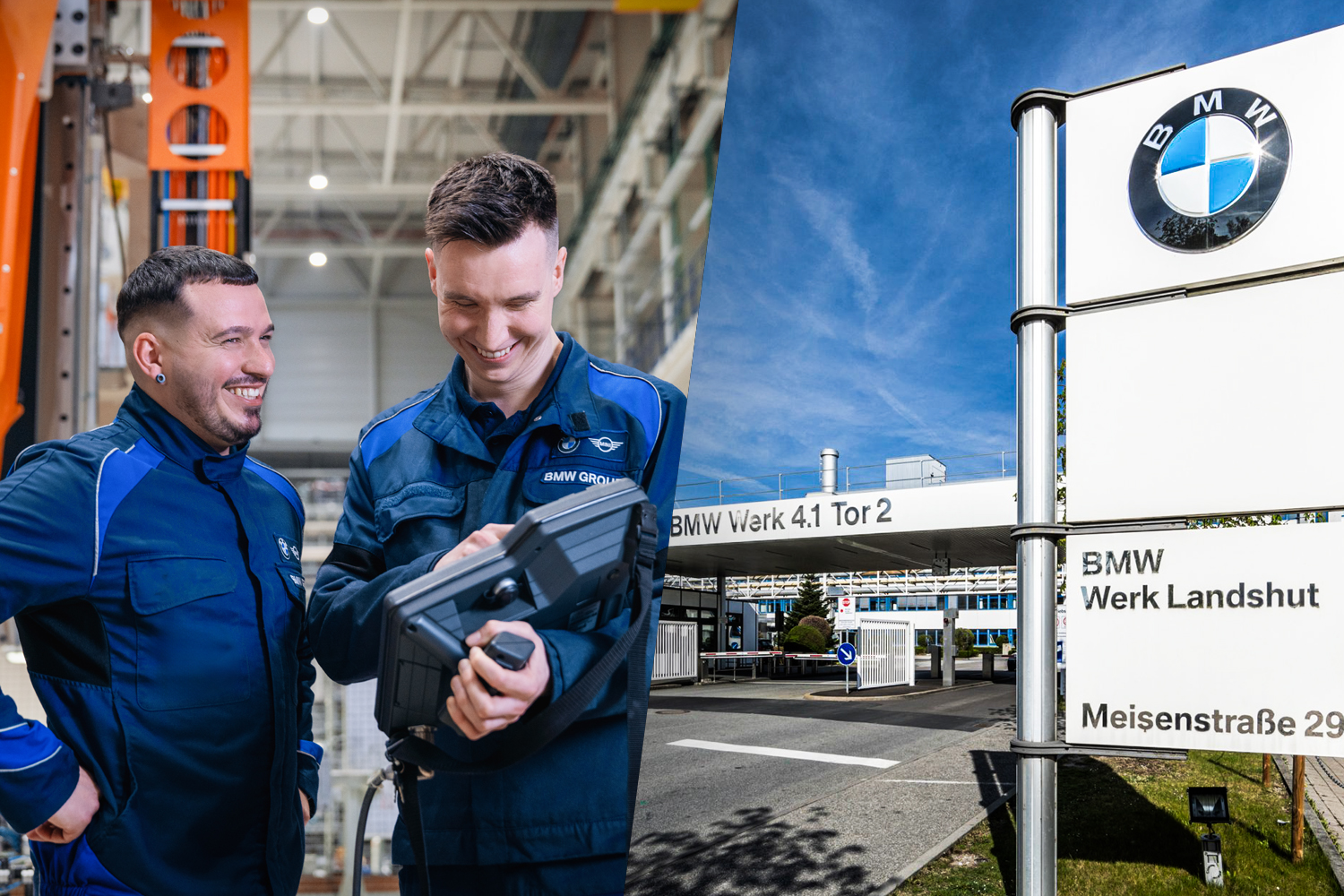 Zwei Mitarbeiter in der Instandhaltung und Außenaufnahme des Werks Landshut
