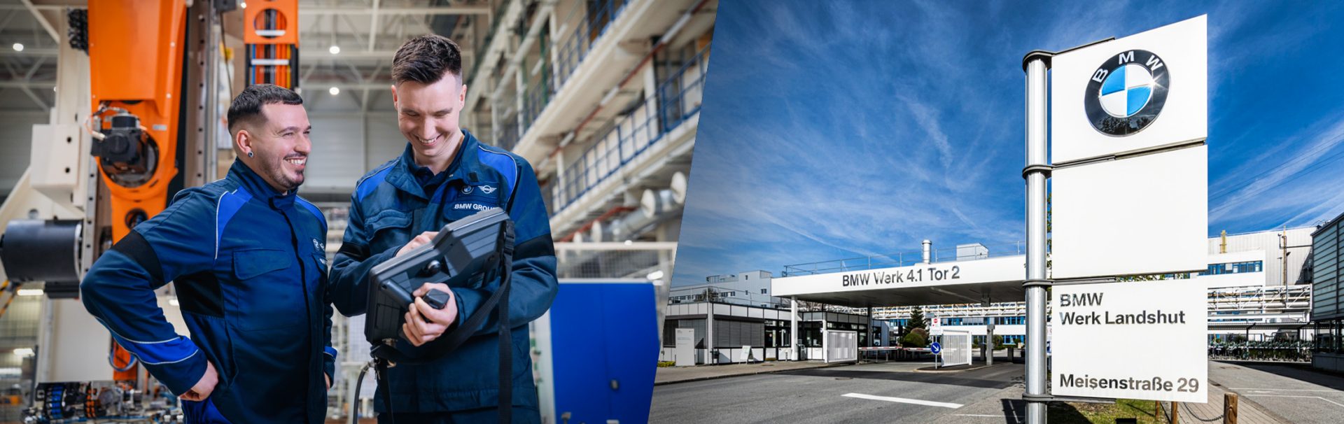 Zwei Mitarbeiter in der Instandhaltung und Außenaufnahme des Werks Landshut