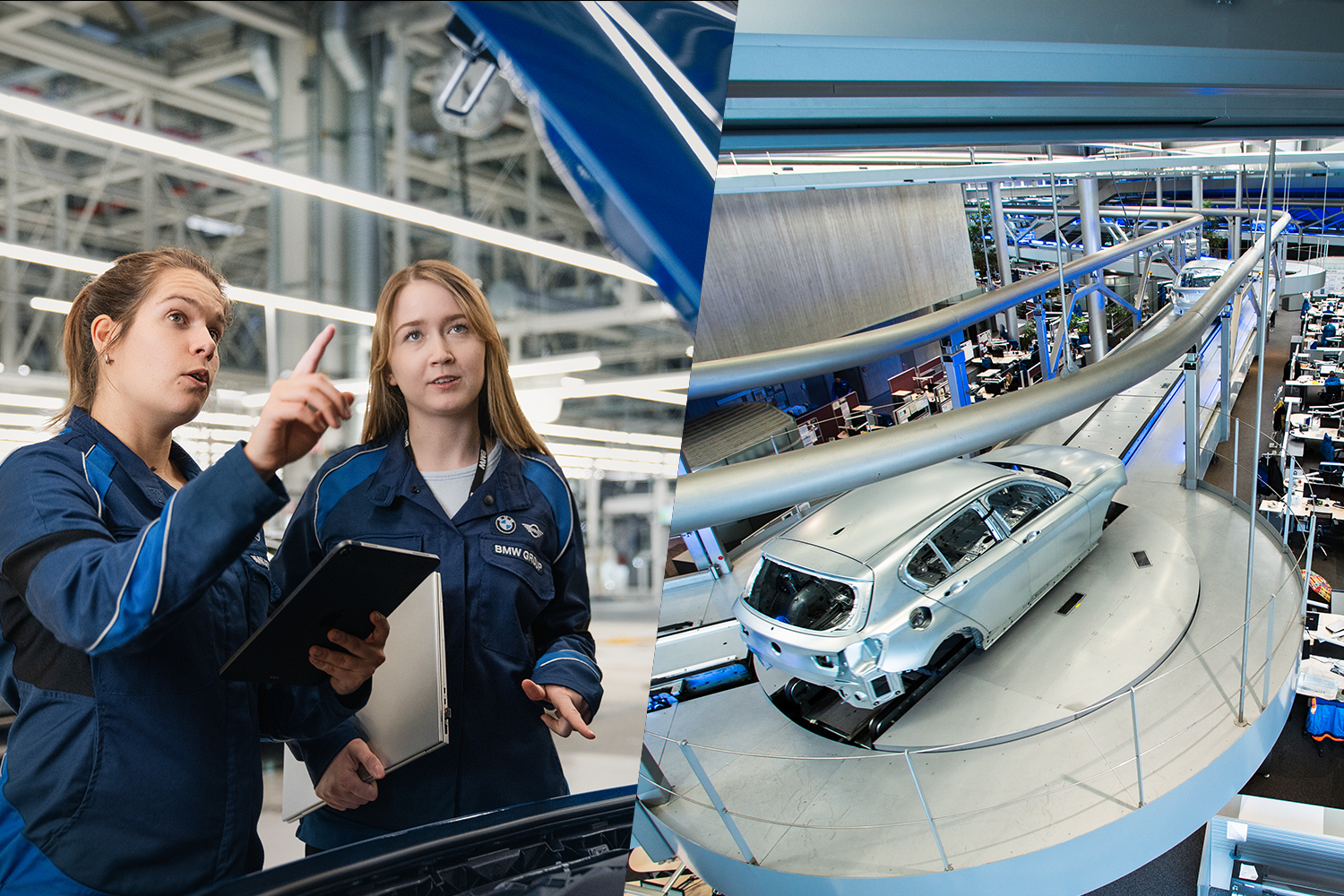 Zwei Kolleginnen in der Produktion und Aufnahme des Zentralgebäudes im Werk Leipzig