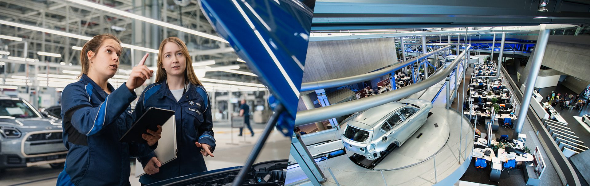 Zwei Kolleginnen in der Produktion und Aufnahme des Zentralgebäudes im Werk Leipzig