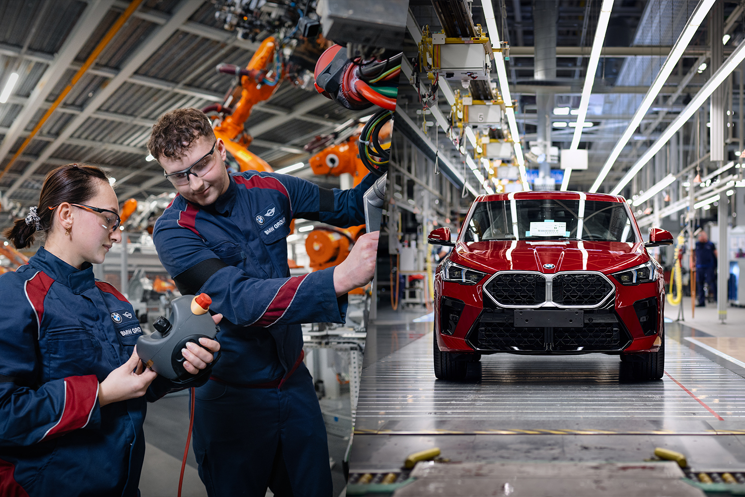 Zwei Mitarbeiter in der Instandhaltung und roter BMW X2 auf der Montagelinie