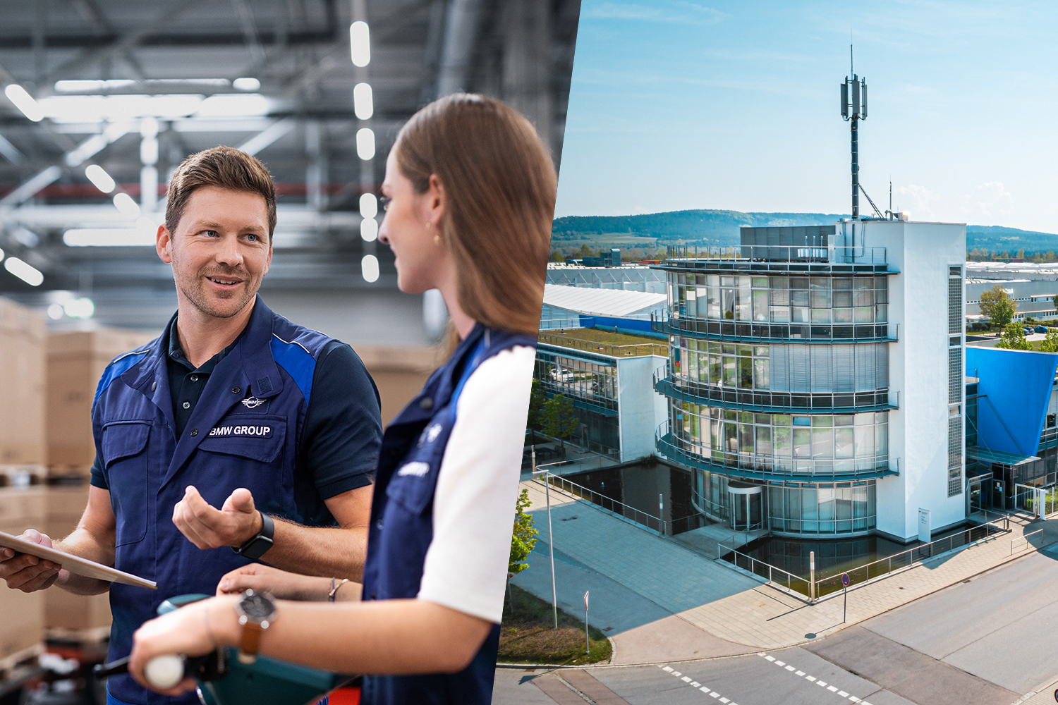 Mitarbeiter in der Logistik und Luftaufnahme des BMW Group Werks Wackersdorf