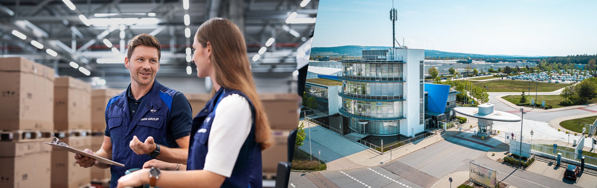 Mitarbeiter in der Logistik und Luftaufnahme des BMW Group Werks Wackersdorf