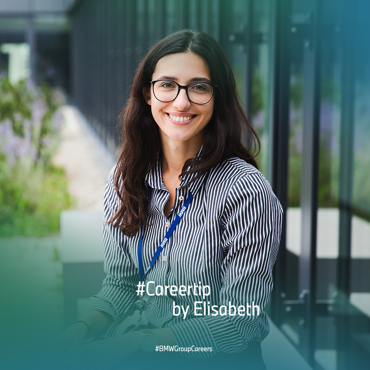 BMW Mitarbeiterin Elisabeth lächelnd mit dem Schriftzug "Careertip by Elisabeth" auf dem Bild