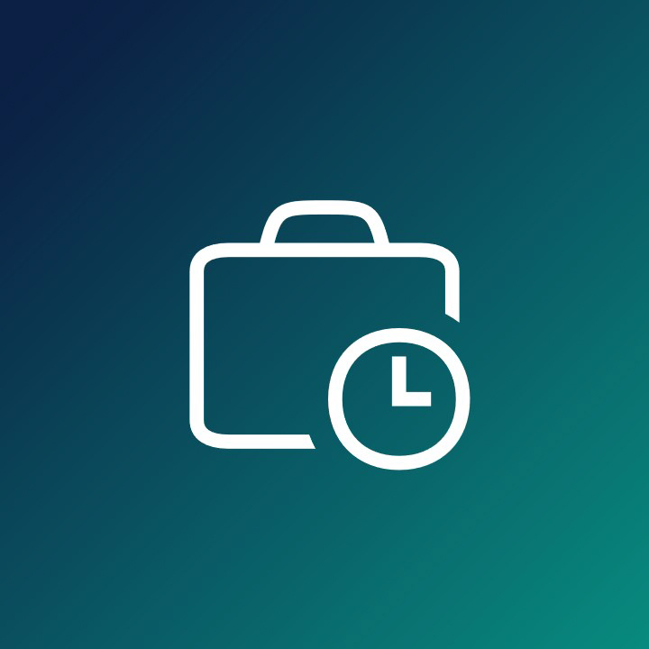 Icon zeigt eine Aktentasche mit Uhr auf dunkelblau/ türkisem Hintergrund.