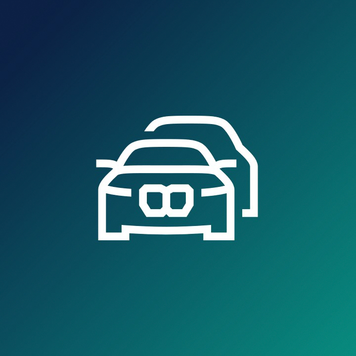 BMW Fahrzeug-Icon auf dunkelblau-türkisem Hintergrund.