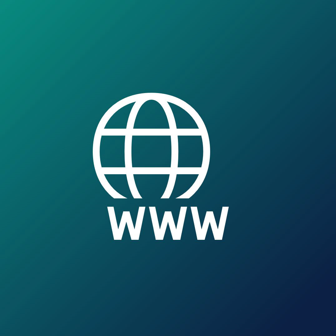 Globus mit WWW aufschrift Icon auf dunkelblau-türkisem Hintergrund.