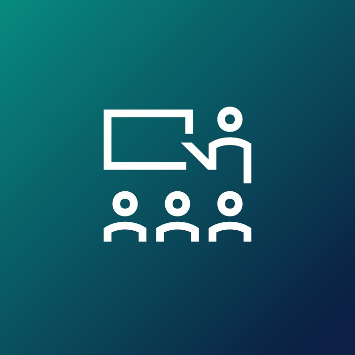 A person presenting to a group of people Icon on darkblue/ turquise background.