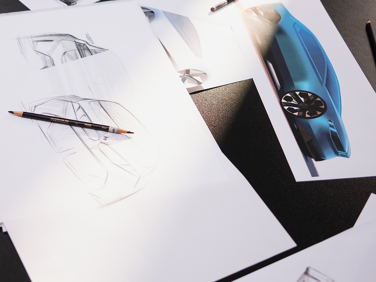 close-up of design sketches of the BMW iX3, behind-the-scenes material