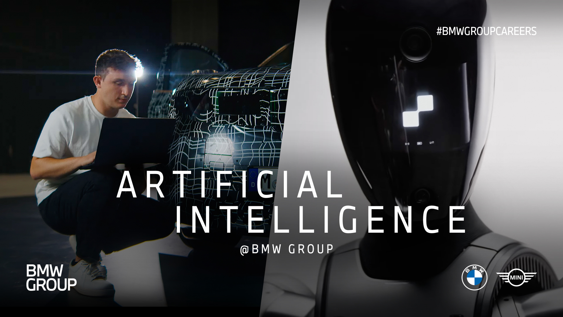 Splitscreen-Motiv: Ein Mitarbeiter arbeitet mit Laptop an einem Erlkönig und daneben ist ein Roboter zu sehen