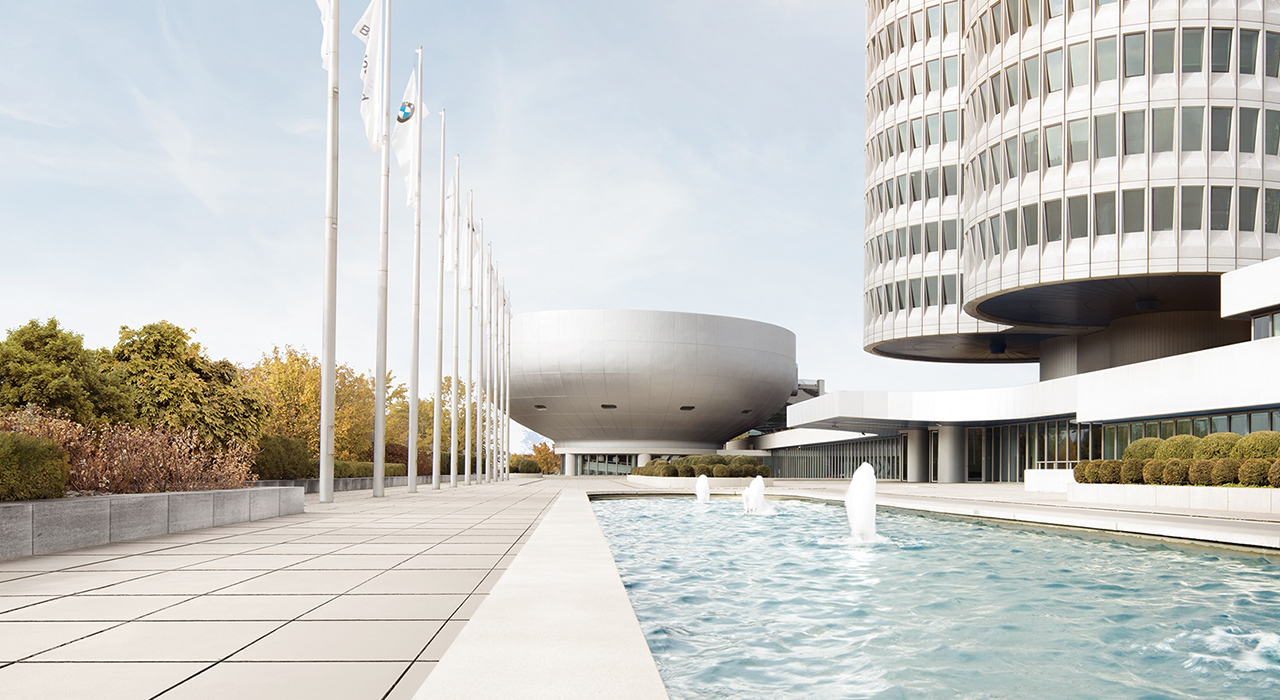 The picture shows the grounds in front of the BMW Museum and BMW Four cylinder in Munich.