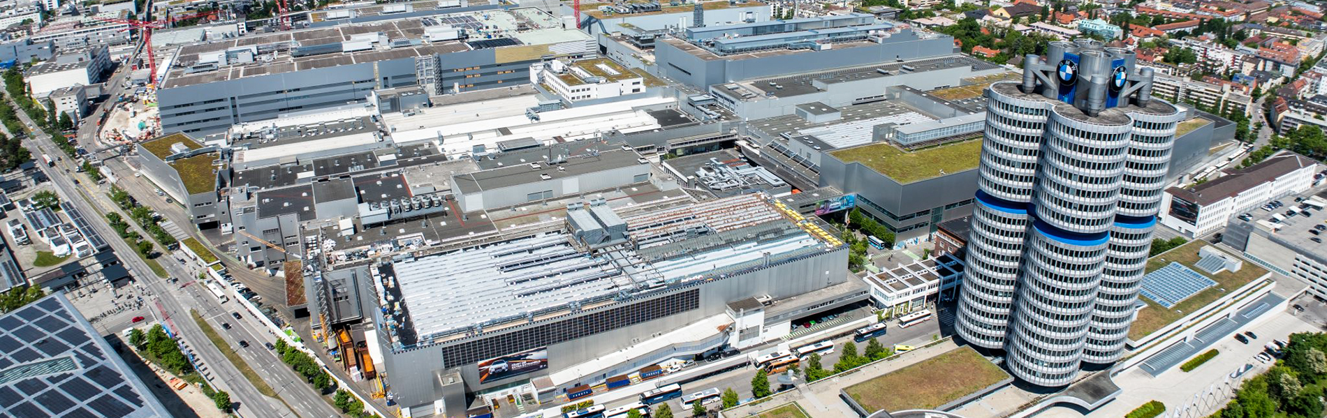 Aerial view of the BMW Group Location with the BMW Museum, BMW World and Four-cylinder in Munich.