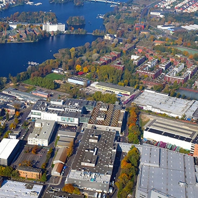The picture shows an aerial shot of the BMW plant Berlin.