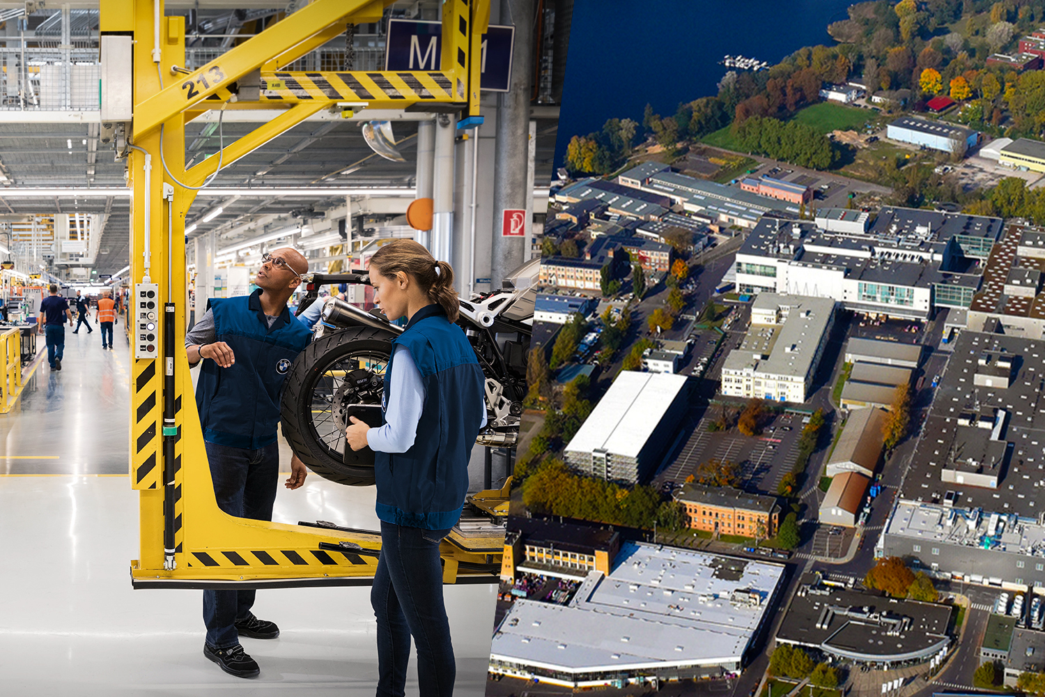 Two colleagues in the motorcycle production and aerial view of the BMW Group Plant Berlin.