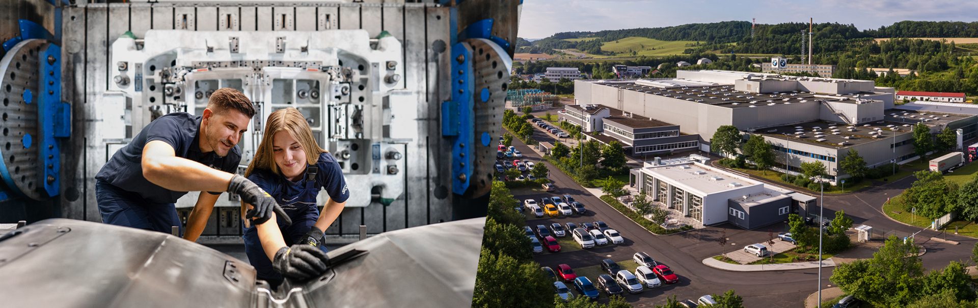 Collage: Employees in toolmaking and aerial view of the BMW Group plant in Eisenach.