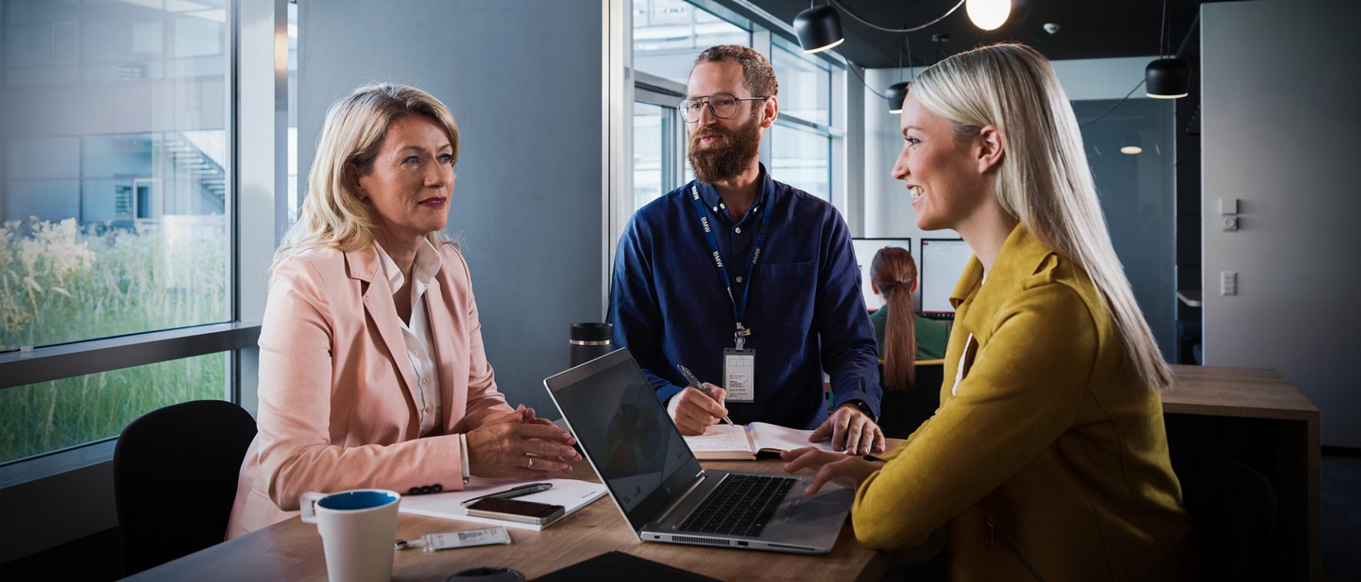 Three colleagues in a meeting.