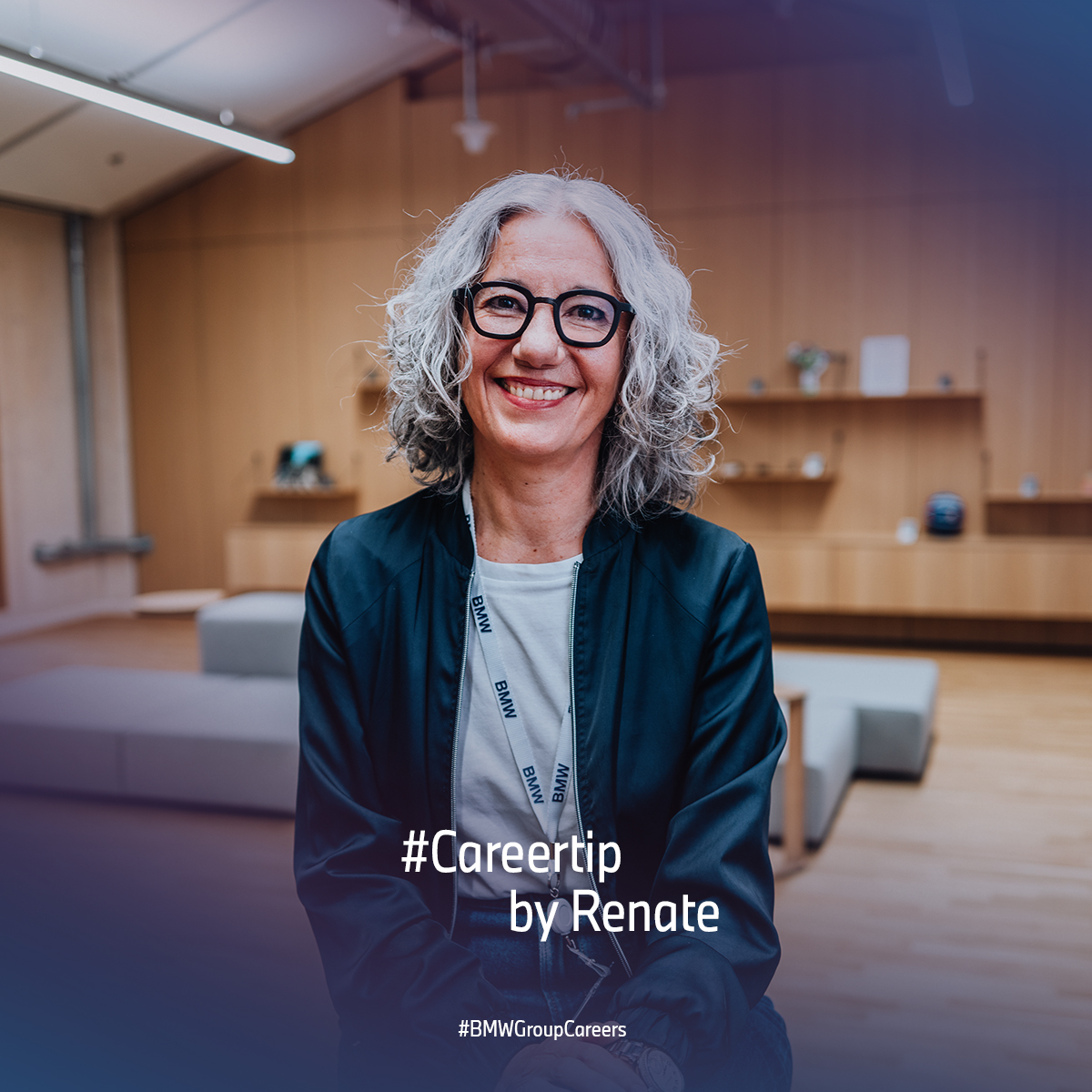 BMW employee Renate smiling with the words ‘Careertip by Renate’ on the picture
