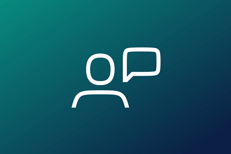 Head with speech bubble Icon on darkblue-turquise background.