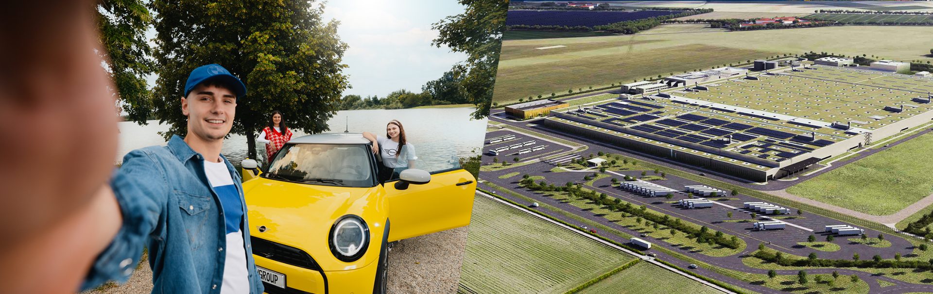 A group of young friends taking a selfie with a yellow Mini Cooper by the lake. Visualisation of the BMW Group Plant Irlbach-Strasskirchen.
