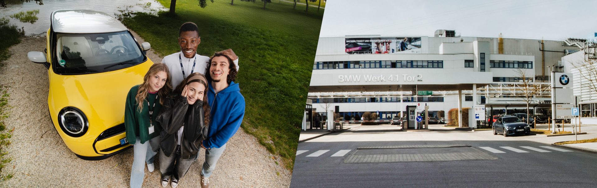 A group of young friends taking a selfie with a yellow Mini Cooper by the lake and the entrance of the BMW Group plant Landshut.