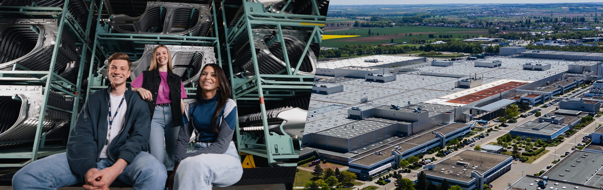 Three apprentices in a warehouse and aerial view of the BMW Group Plant Regensburg.
