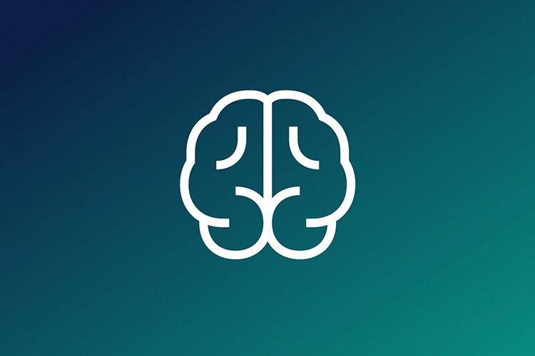 Brain Icon on darkblue-turquise background.