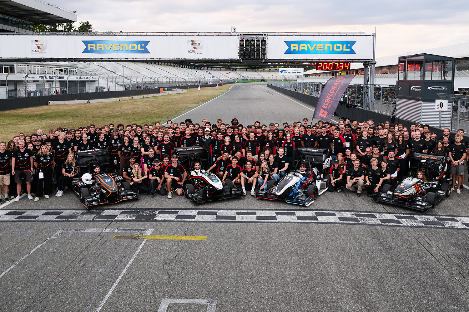 Group picture of BMW Group Students on the Hockenheim Racetrack.