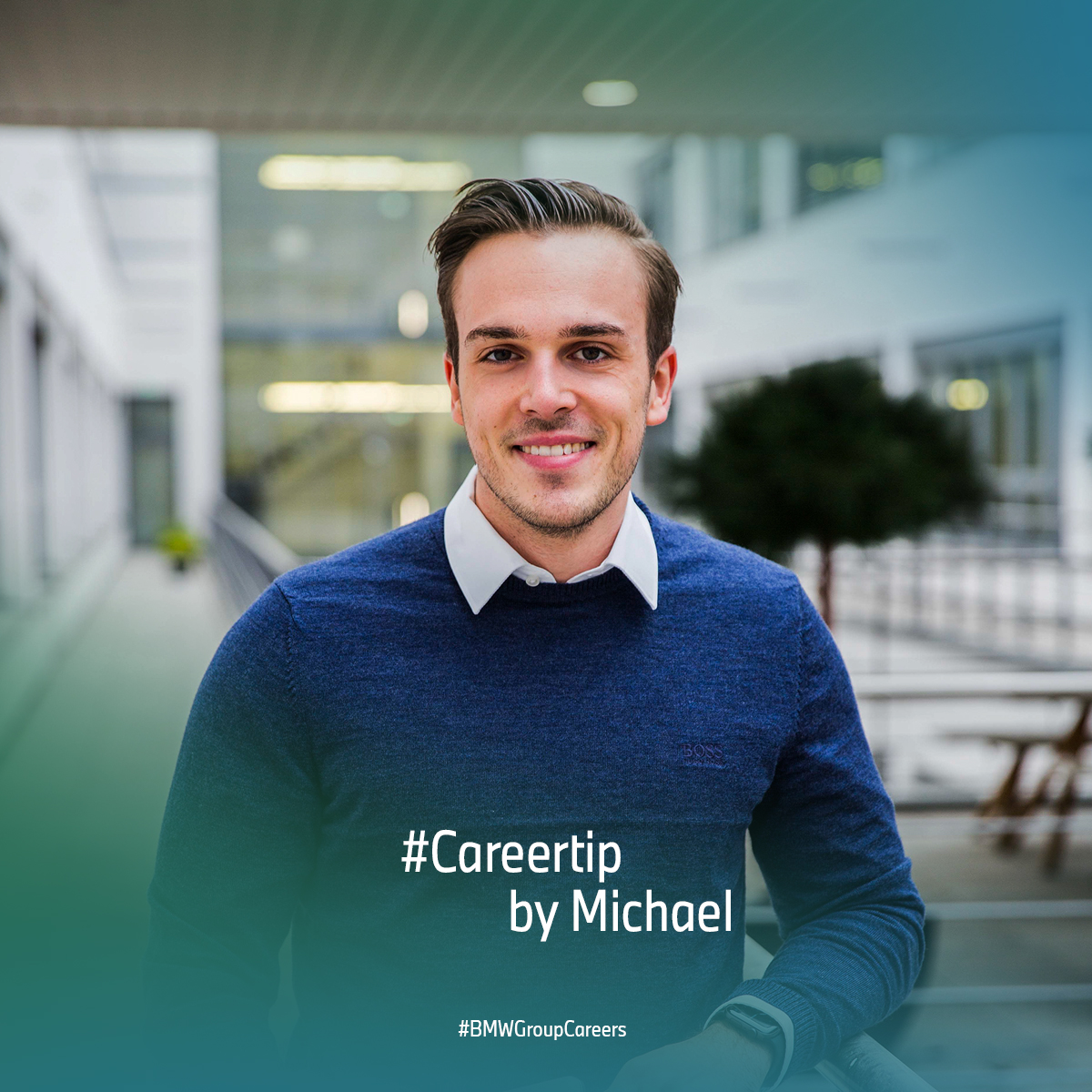 PhD student Michael with the words ‘Careertip by Michael’ on the picture