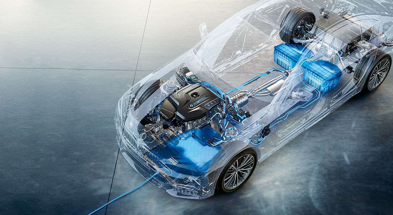 The picture shows the technic and mechanic parts of a BMW car under a transparent car body.
