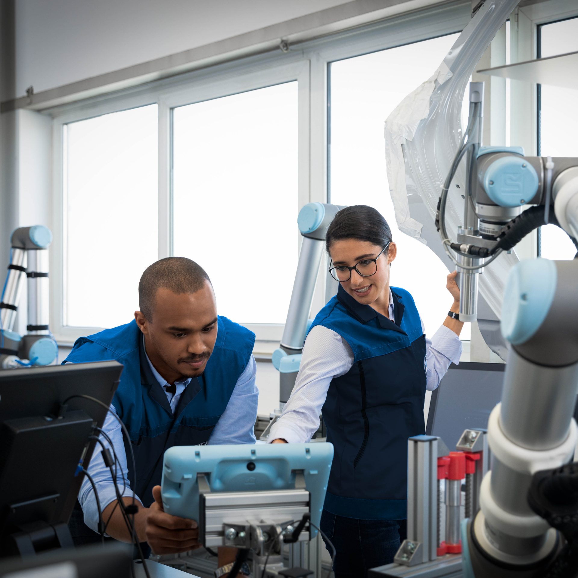 Two doctoral students working together in a laboratory at the BMW Group.