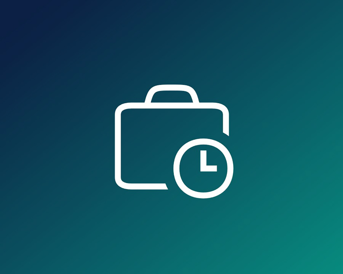 An icon on a green background shows a briefcase and a clock