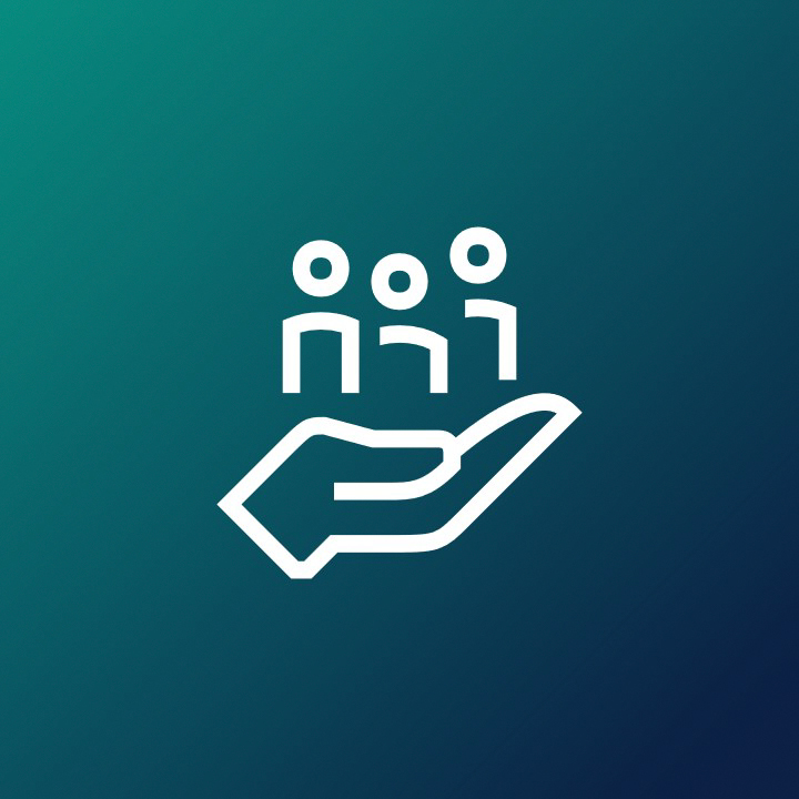 An icon on a green background shows a hand with three figures on it