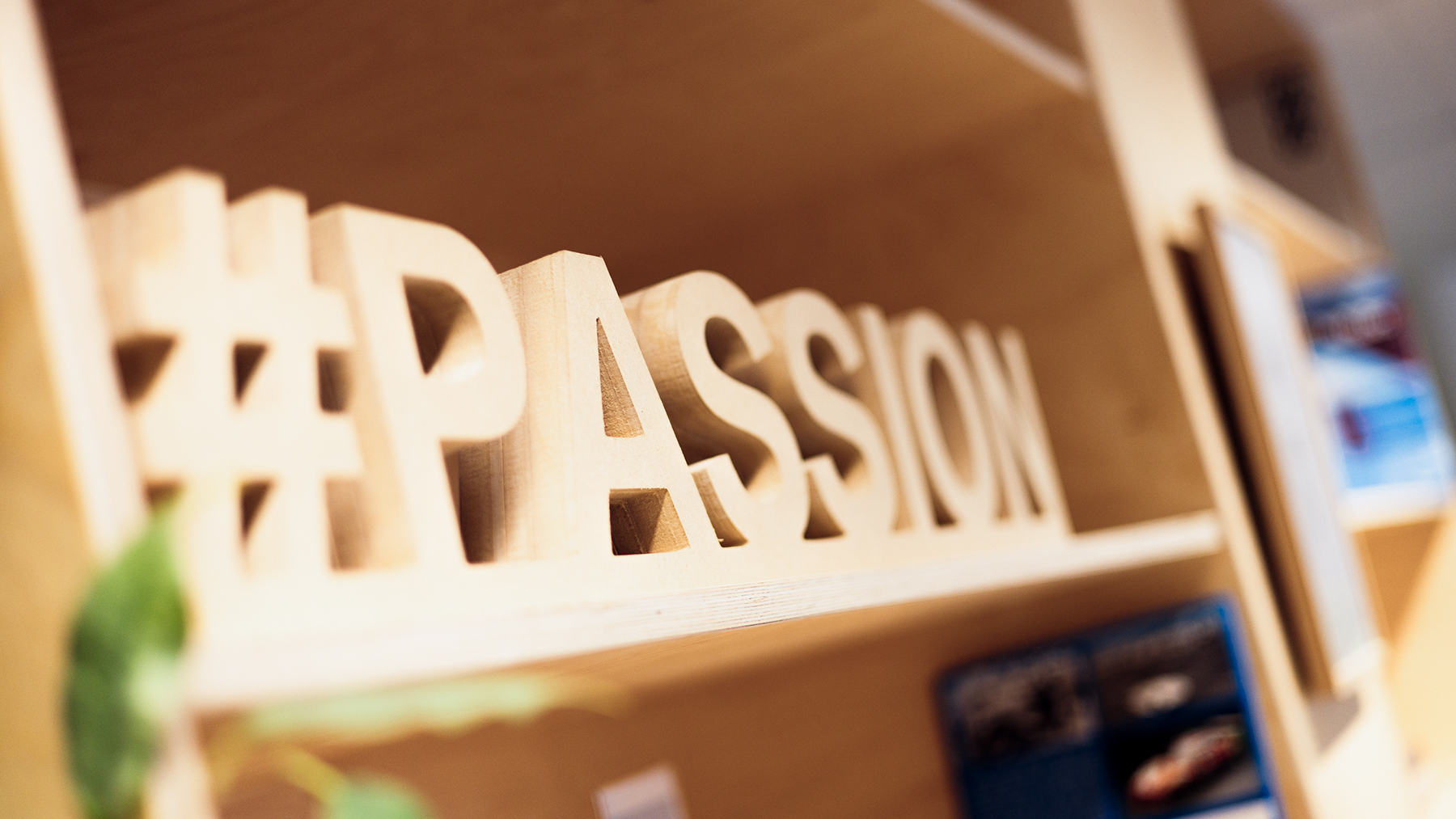 "Passion" wood lettering in a shelf